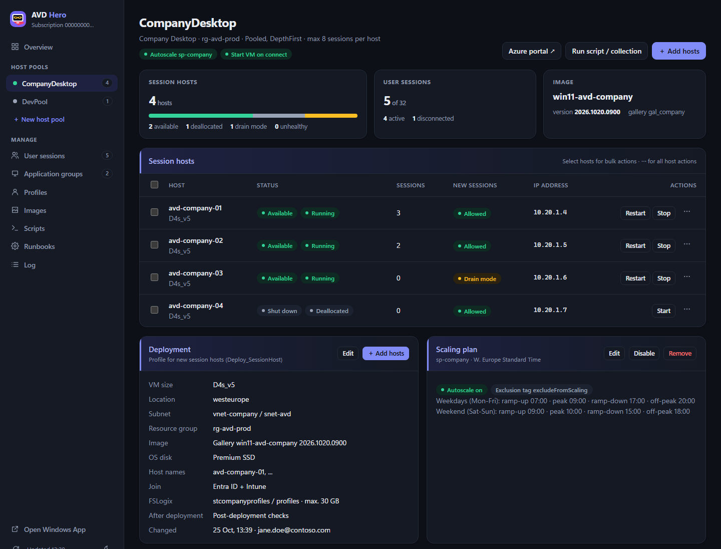 Host pool page of AVD Hero with sample data